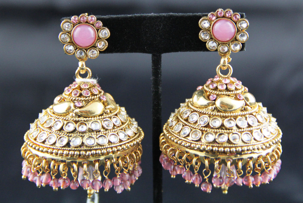 Big Jhumka earrings with pearls and pink