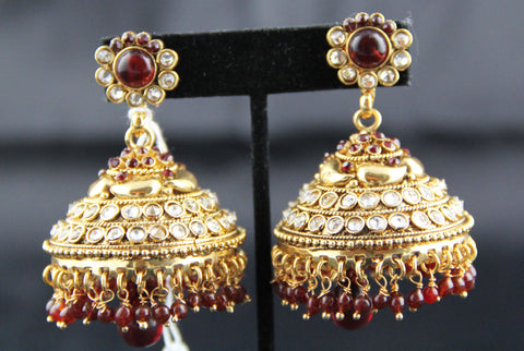 Big Jhumka earrings maroon and white