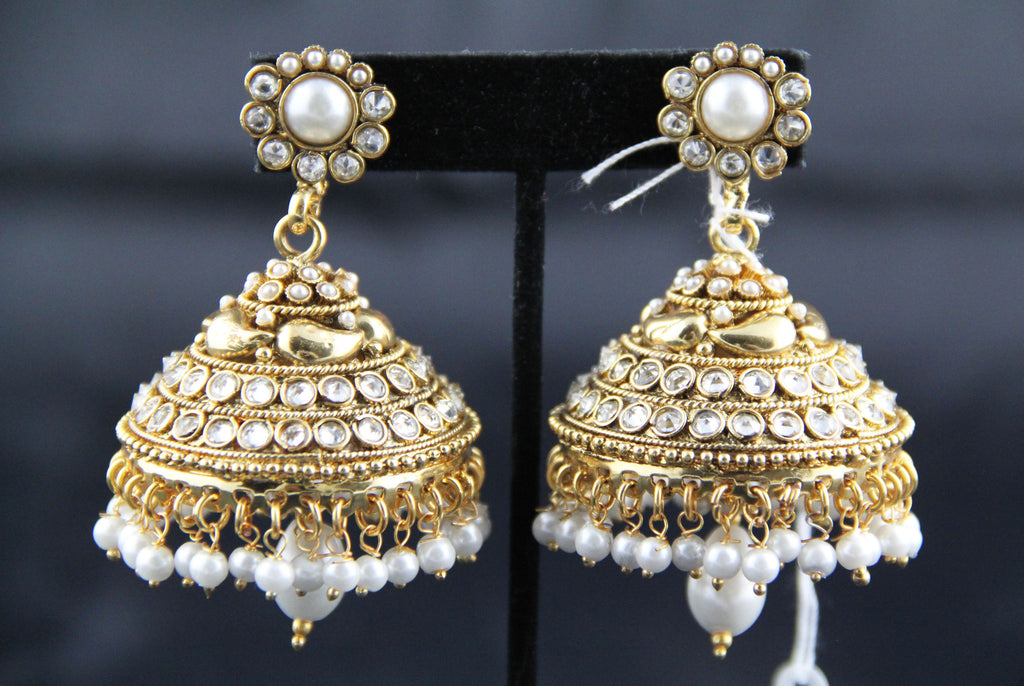 Big Jhumka earrings with rich pearls and white