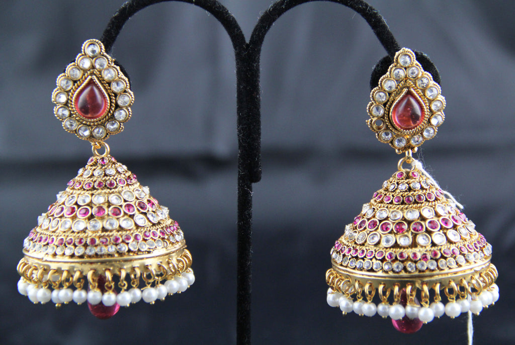 Big Jhumka earrings pink and white stones with pearl beads.