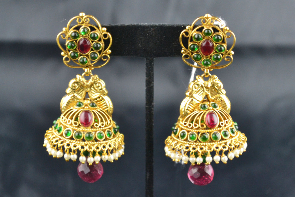 Jhumka With Elephant Design Red Green & Pearl