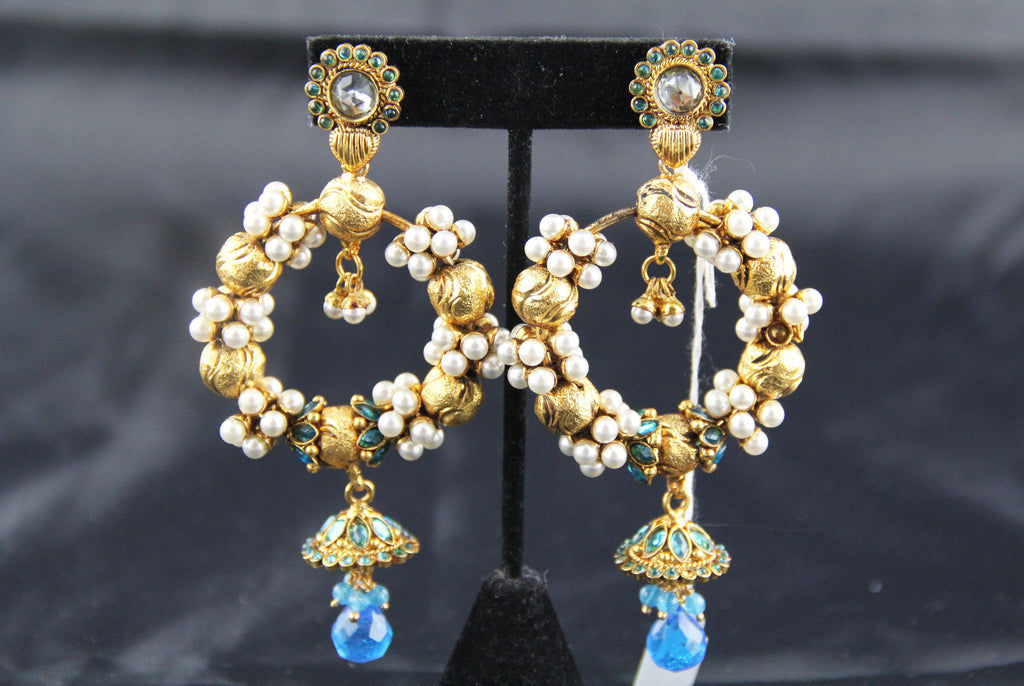 Hanging Hoop With Blue & Pearl small Jhumka