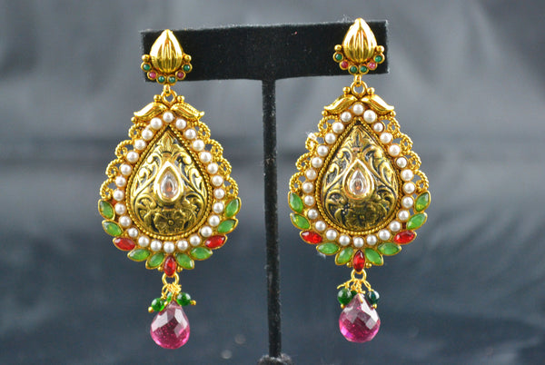 Polki Earring Leaf Design Red Green