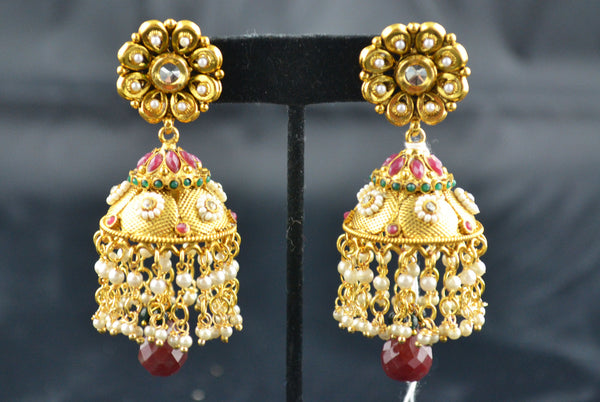 Jhumka Earring Red Green Medium