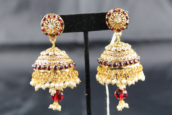 Mediam Jhumka Maroon and white stones