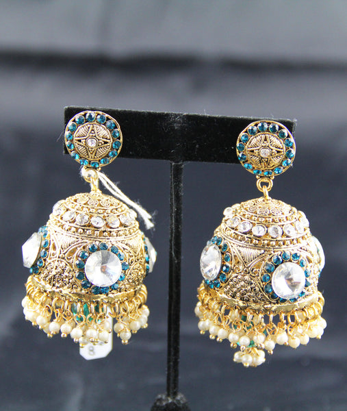 Medium Jhumka Blue & Big White Stone With Hanging Pearl