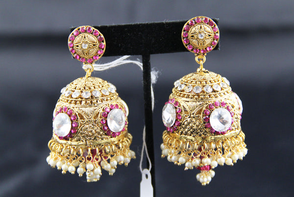 Mediam Jhumka pink and White stones