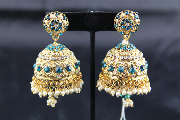 Mediam Jhumka Blue With Hanging Pearl