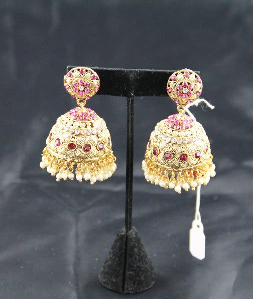 Mediam Jhumka Pink With Hanging Pearl