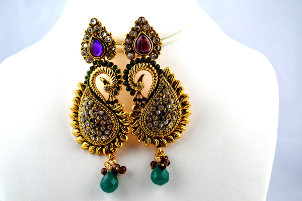 Hanging earring peacock design purple & green stone