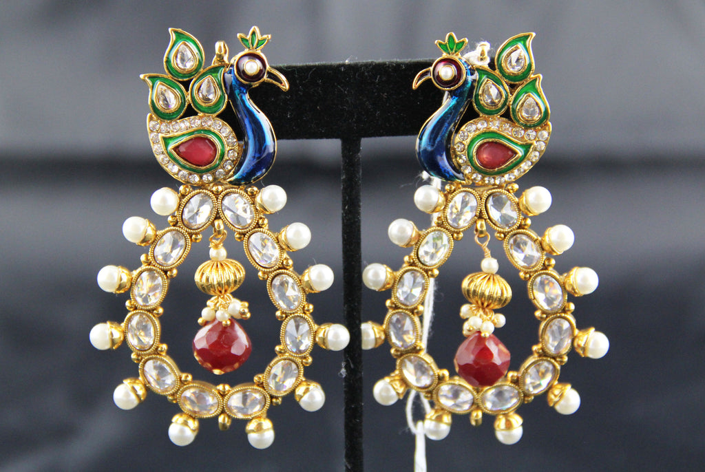 Polki Earring Peacock Stude Hanging Pearl Red