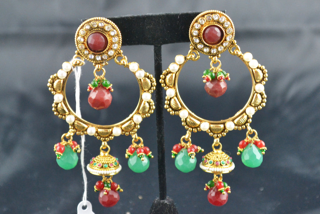 Polki Earring Hanging Circle Red Green