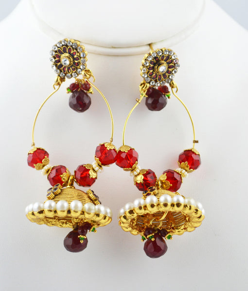 Stude with hanging Jhumka Red and Pearl