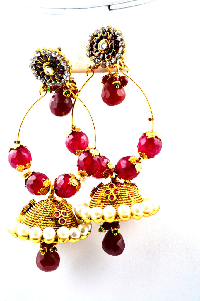 Stude with haning jhumka royal red and pearl