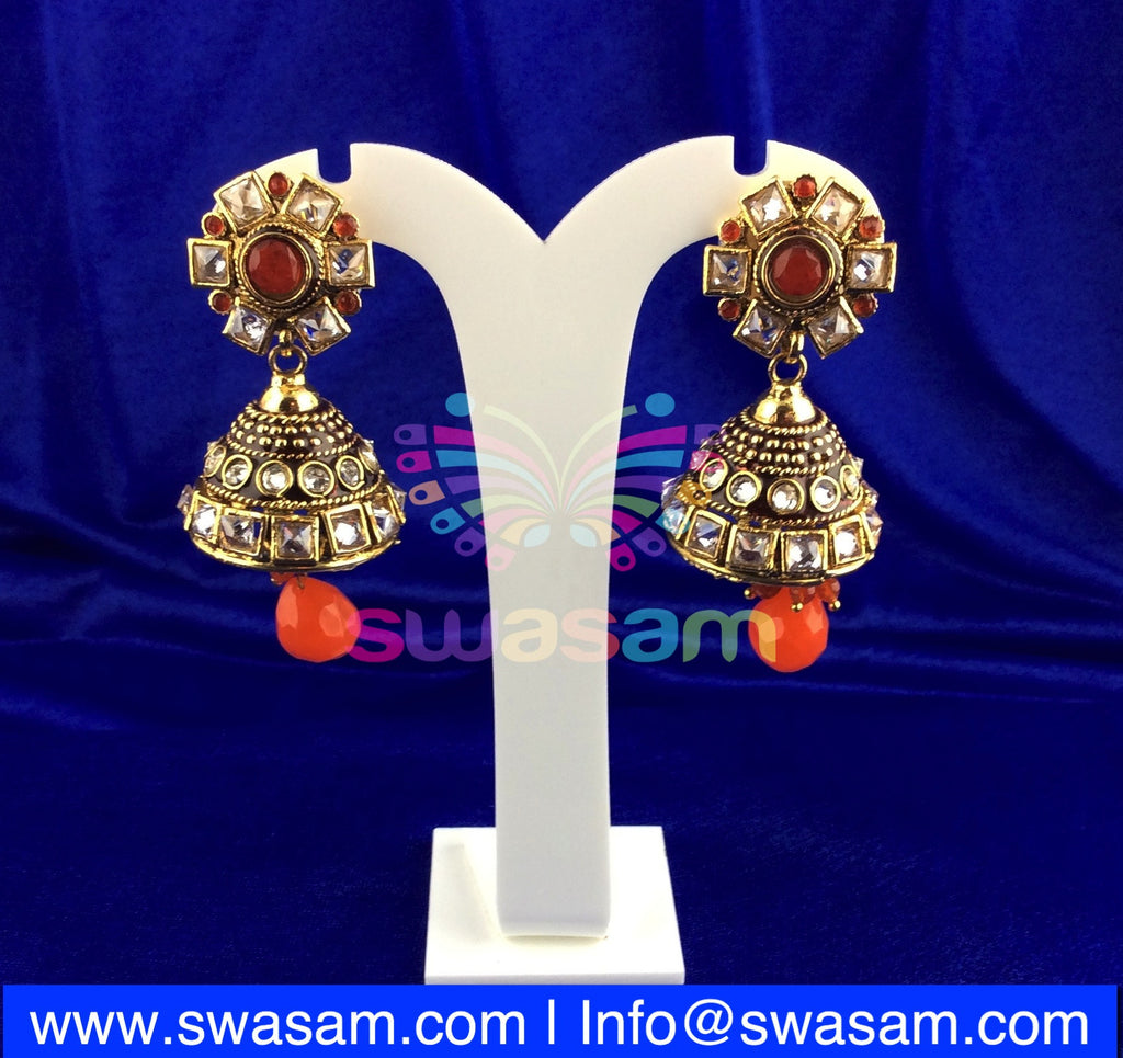 Jhumka Medium Orange on White stone