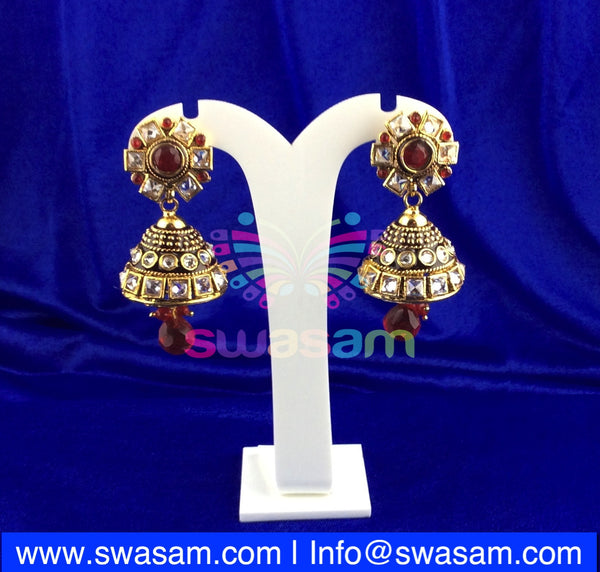 Jhumka Medium Red on White stone