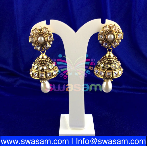 Jhumka Medium Pearl on White stone