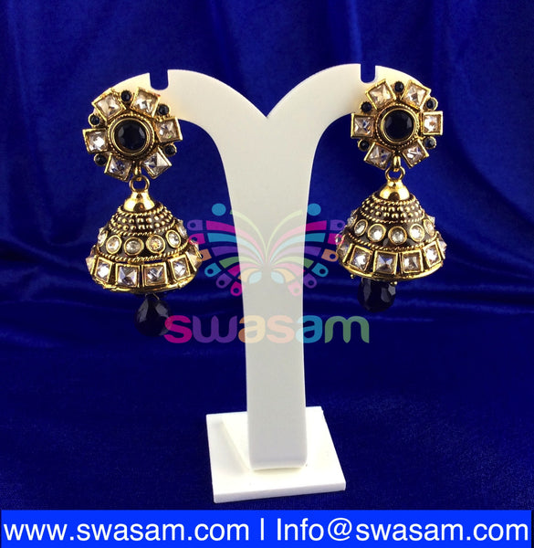 Jhumka Medium Navy blue on White stone