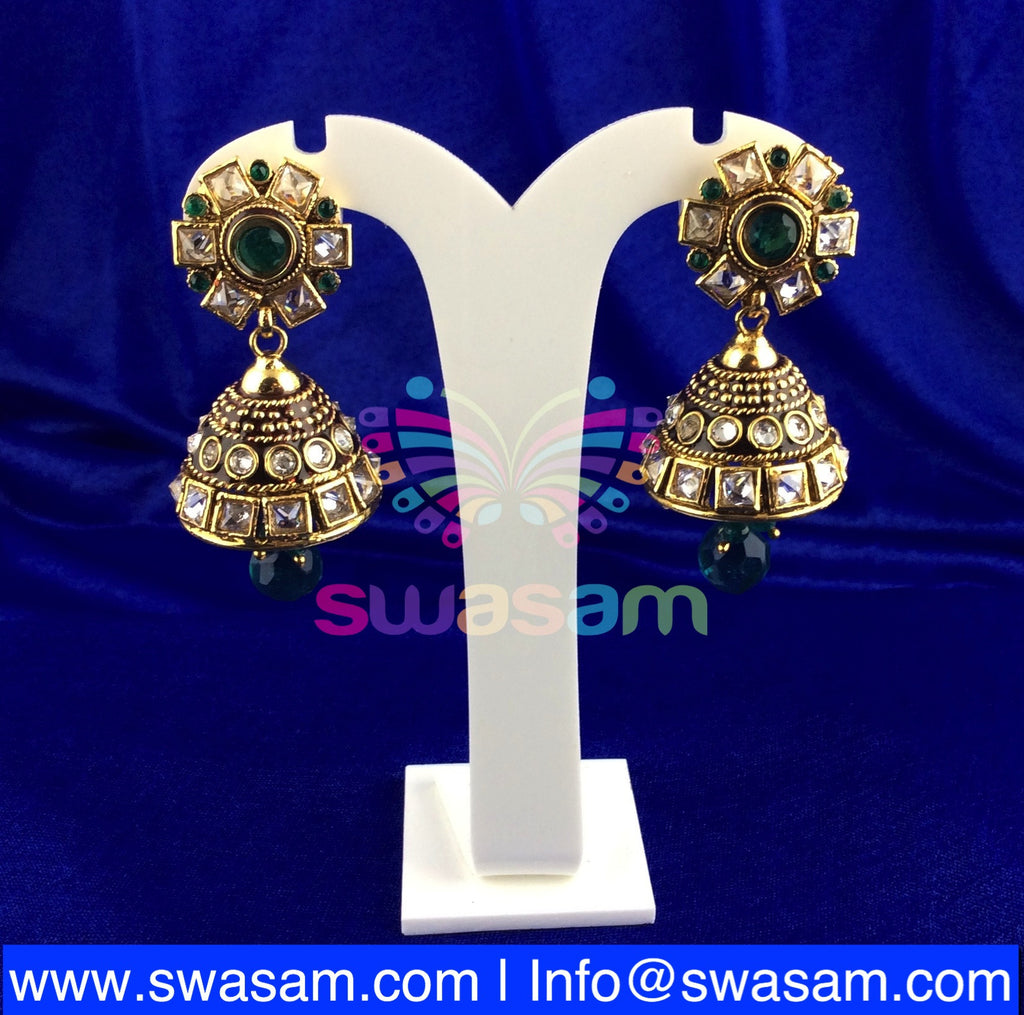 Jhumka Medium Green on White stone