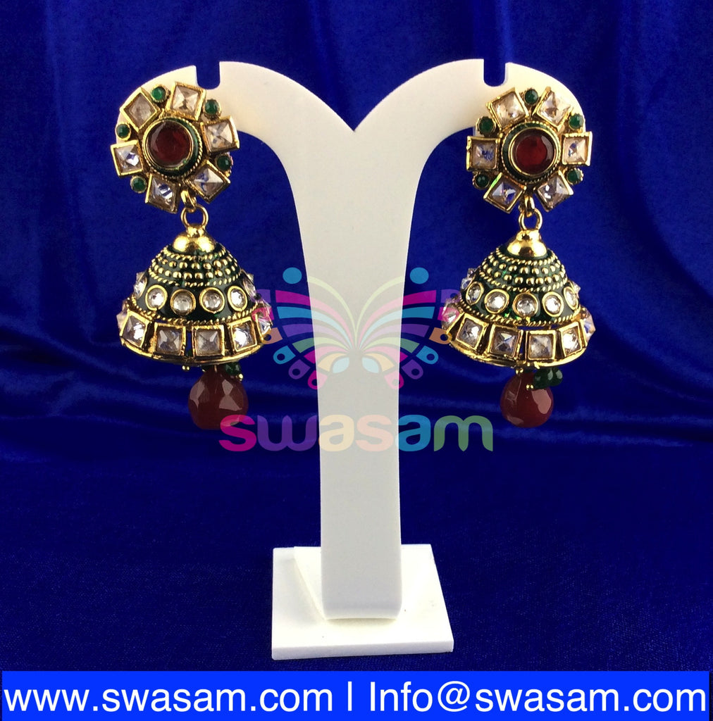 Jhumka Medium Red Green on White stone