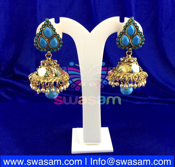 Jhumka Medium Coin Design Aqua Blue