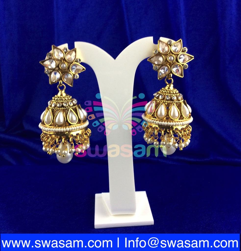 Jhumka Medium White Stone with Pearl