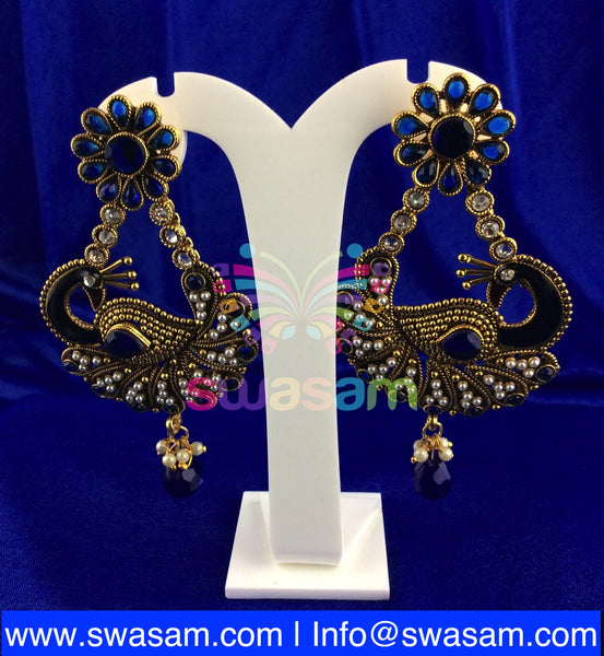 Polki Peacock Design Earring Royal Blue