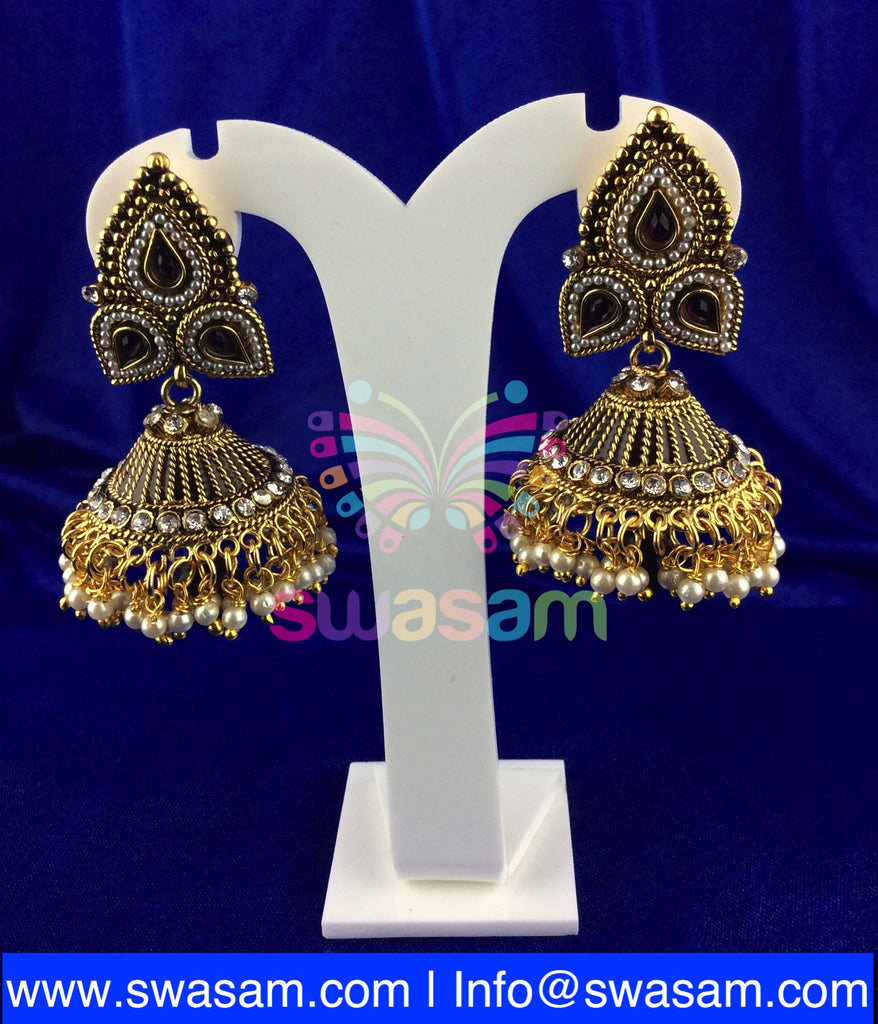 Jhumka Medium Purple on White stone