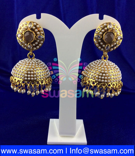 Jhumka Medium Round White Stone & Pearl