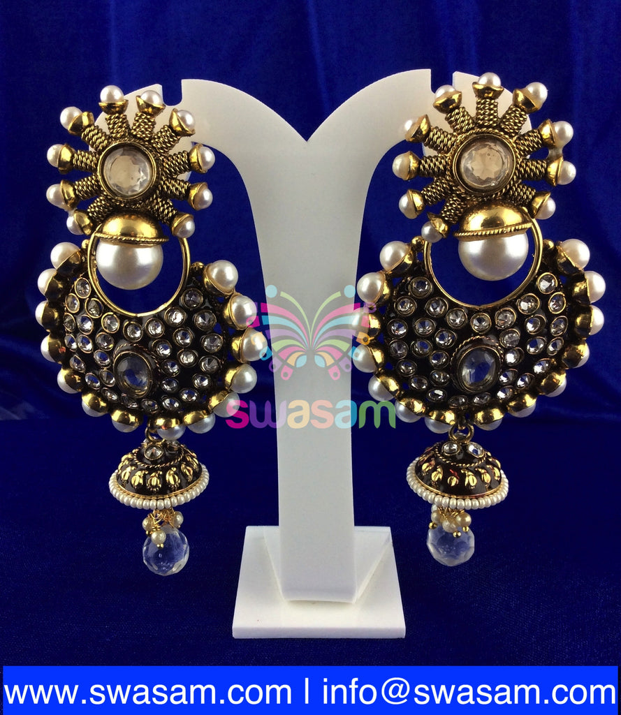 Pearl & White stone Polki Style Earring Large