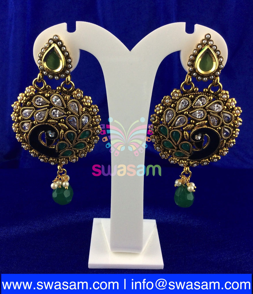 Green Peacock Design Polki Earring