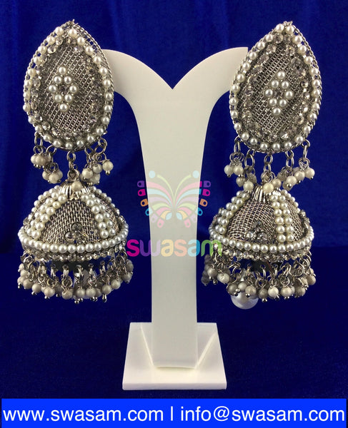 Silver with pearls Large Studs with Large Jhumka