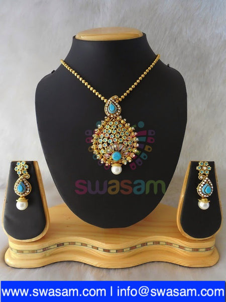 Polki Aqua blue Pendant set