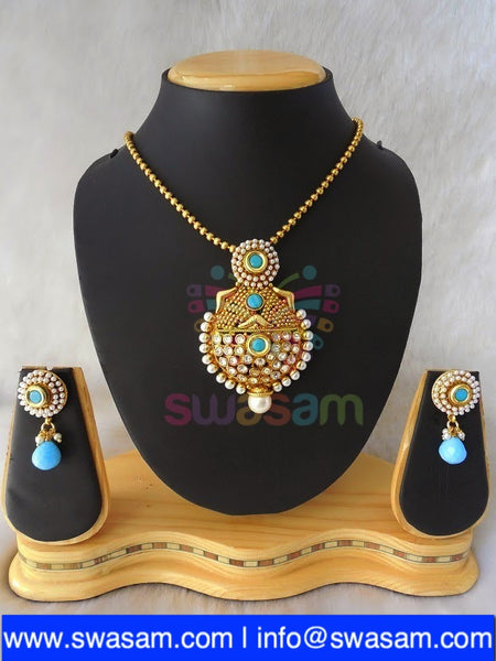 Polki Aqua blue Pendant set