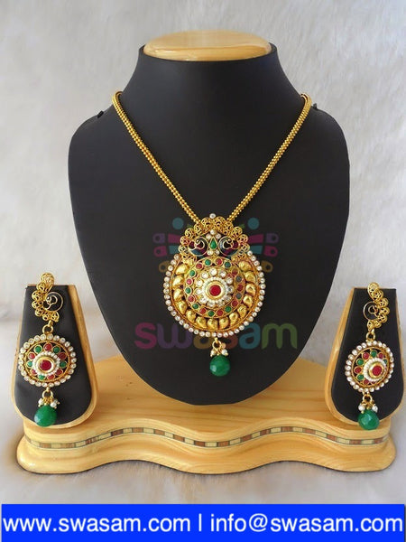 Polki Red Green Peacock Pendant set