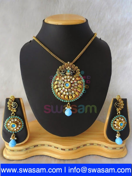 Polki Aqua blue Peacock Pendant set