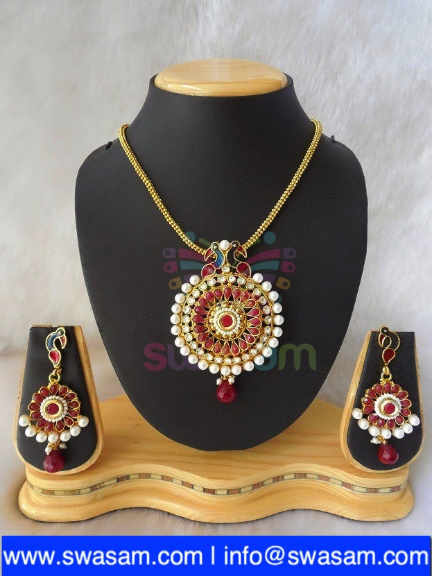 Polki Red Peacock Pendant set