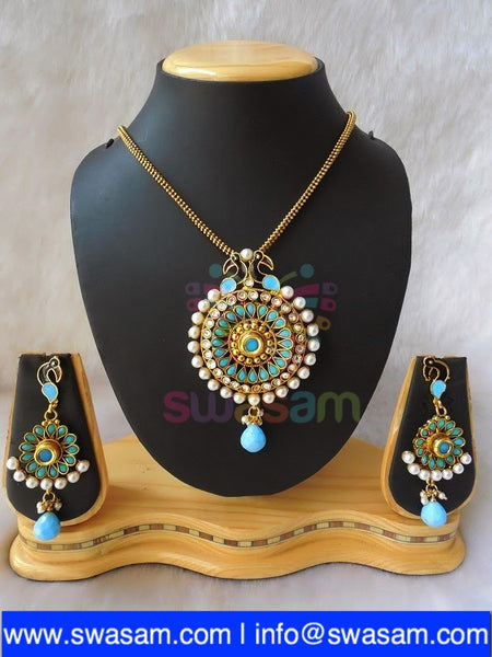 Polki Aqua Blue Peacock Pendant set