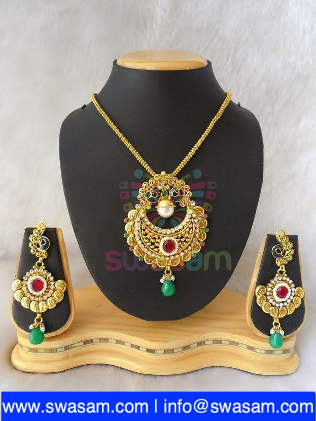 Polki Red Greeen Peacock Pendant set