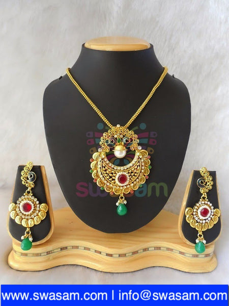 Polki Red Greeen Peacock Pendant set