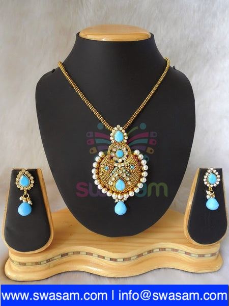 Polki Aqua Blue Pendant set