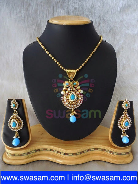 Polki Aqua Blue Pendant set